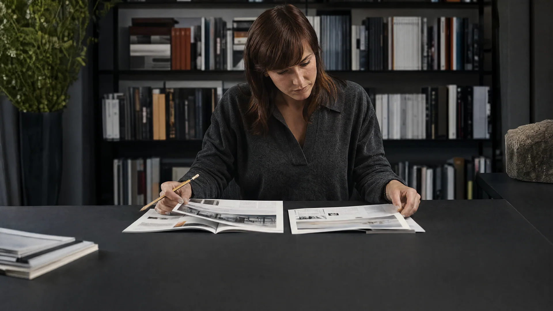 A researcher compares original source documents at a library desk.