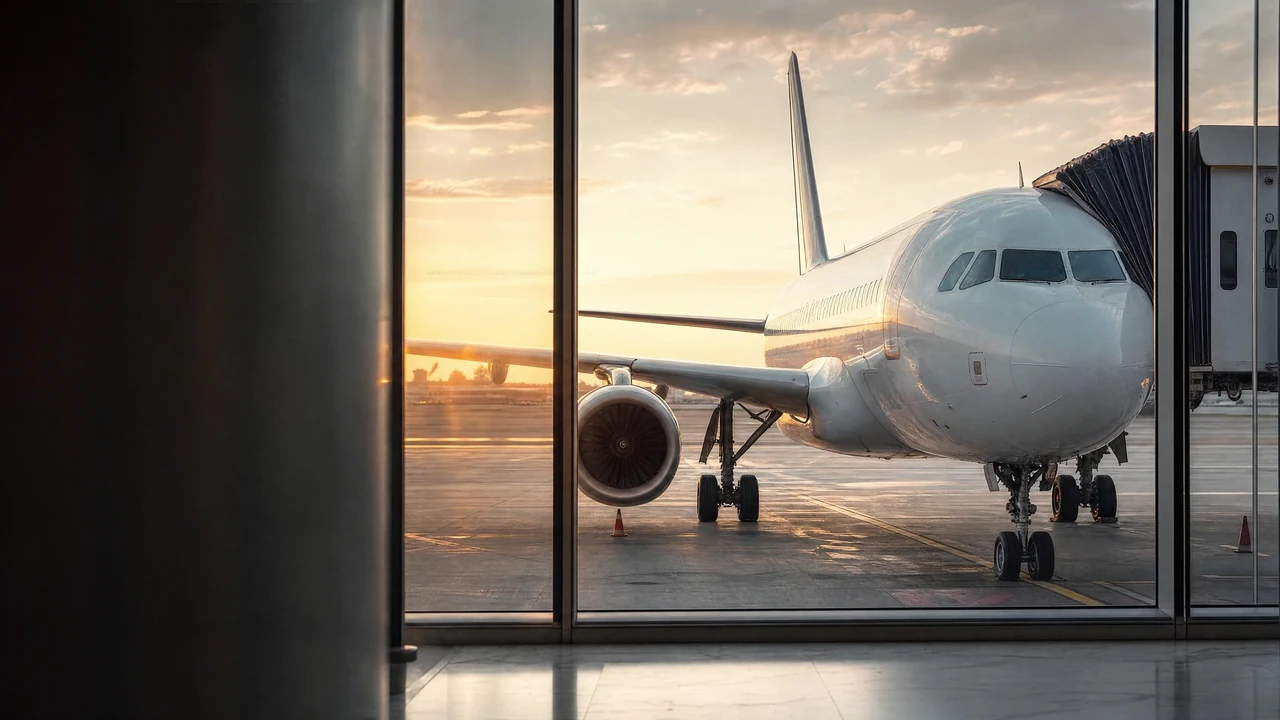 An aircraft at sunrise, an airline controller updating connections, and travellers walking toward their gate.