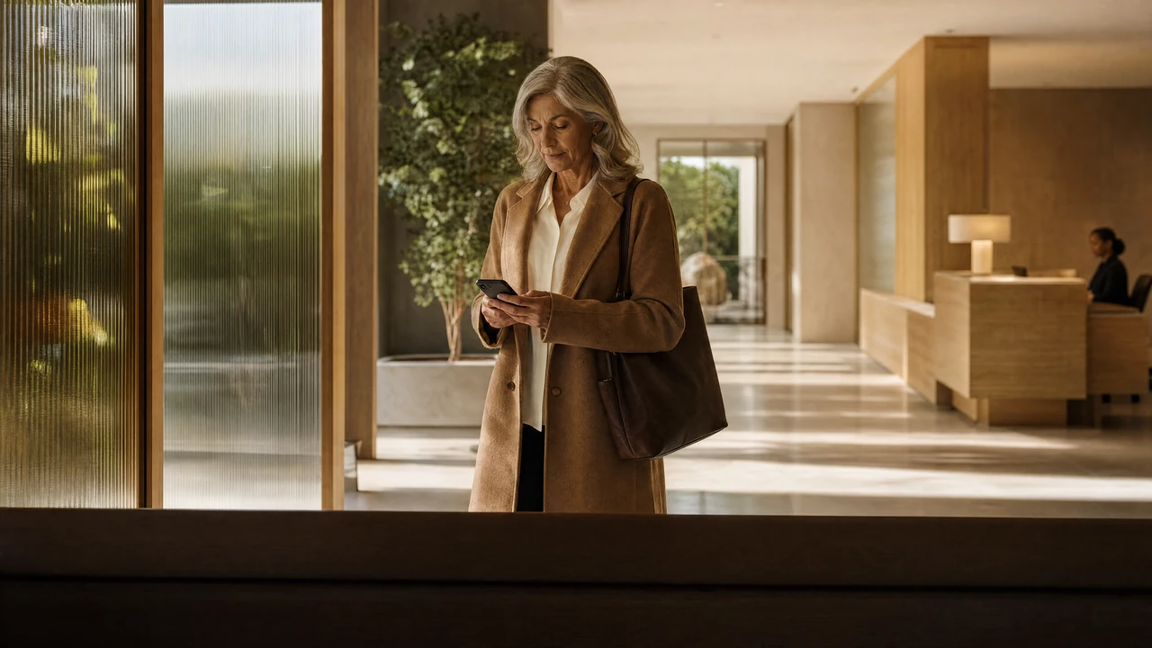 A patient checks her appointment instructions on arrival at a clinic.