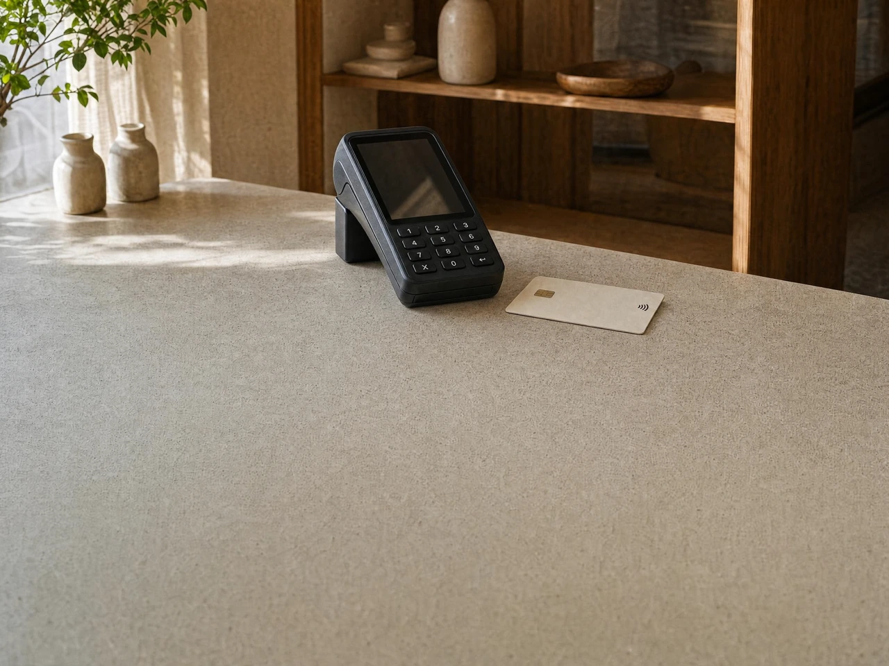 Illustrative payment terminal and chip card on a sunlit stone counter.