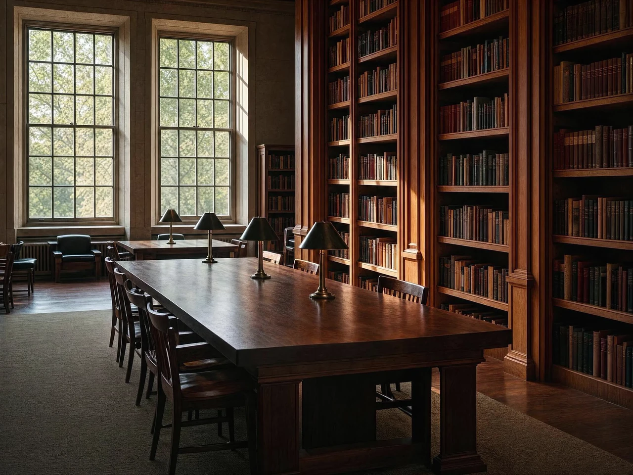 Illustrative university library with oak shelves and study tables.