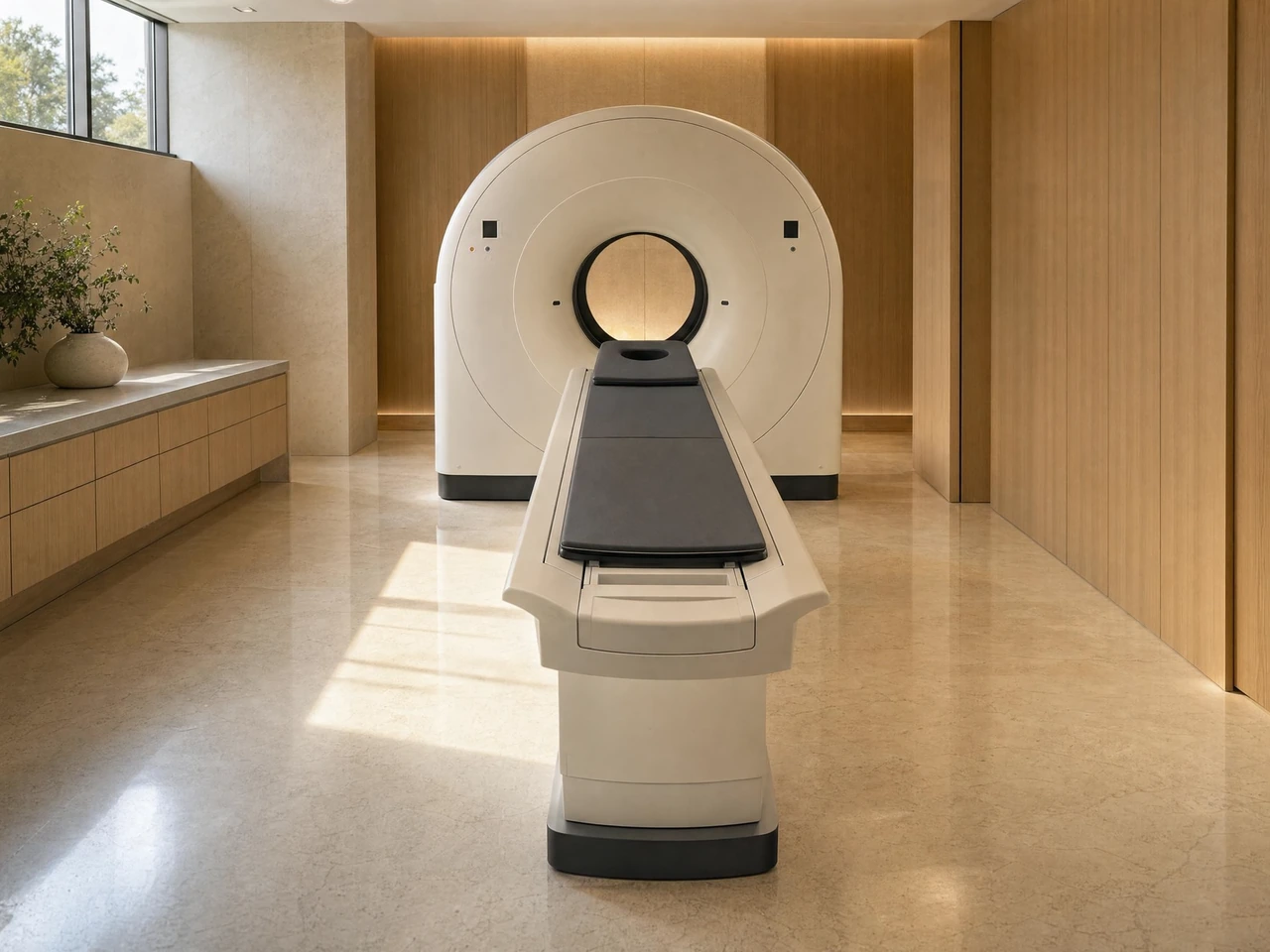 Illustrative diagnostic imaging suite in warm natural light.