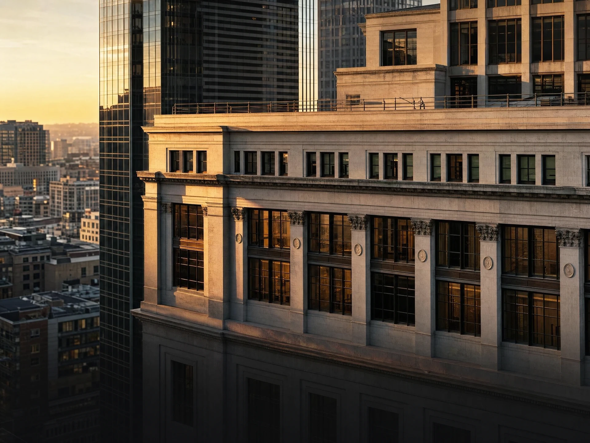 Illustrative insurance district at sunset.