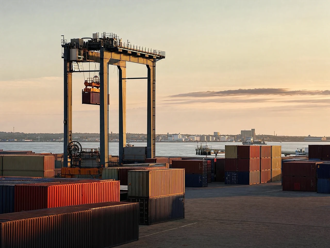 Illustrative container port with a gantry crane at sunset.