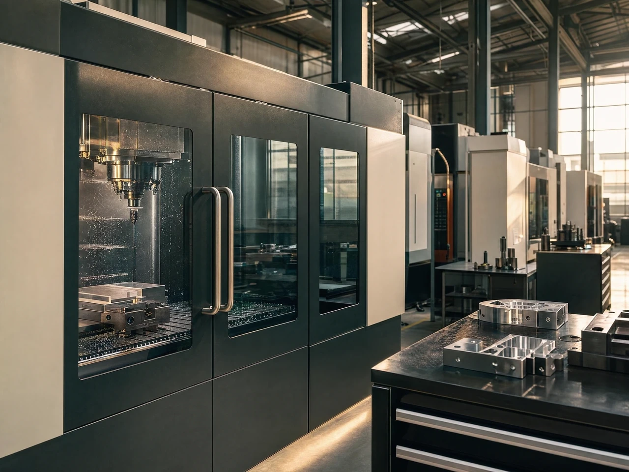 Illustrative precision workshop with milling equipment and machined components.