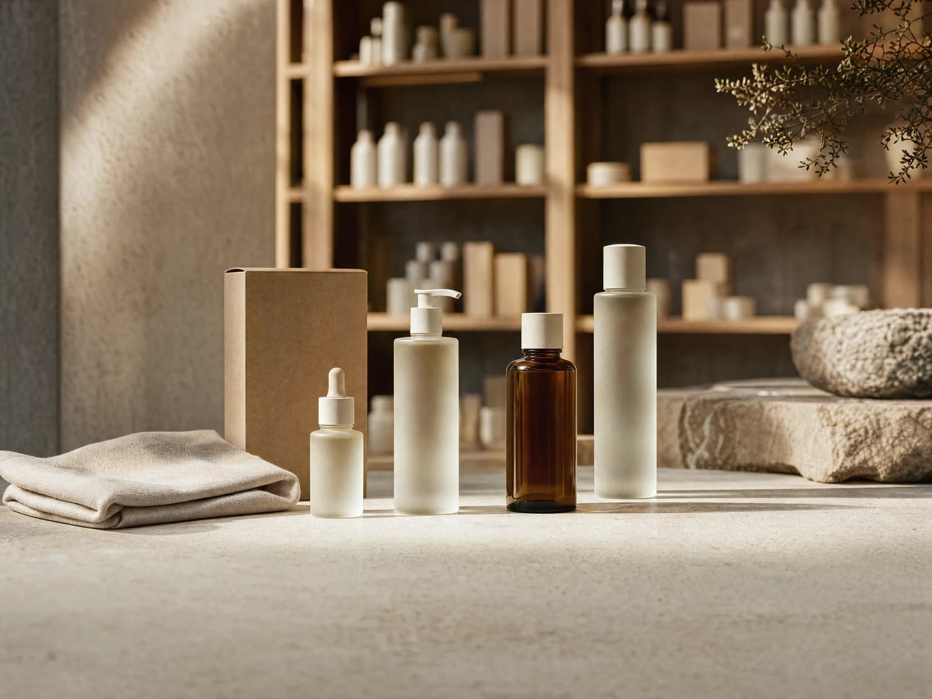Illustrative skincare products in a sunlit boutique.