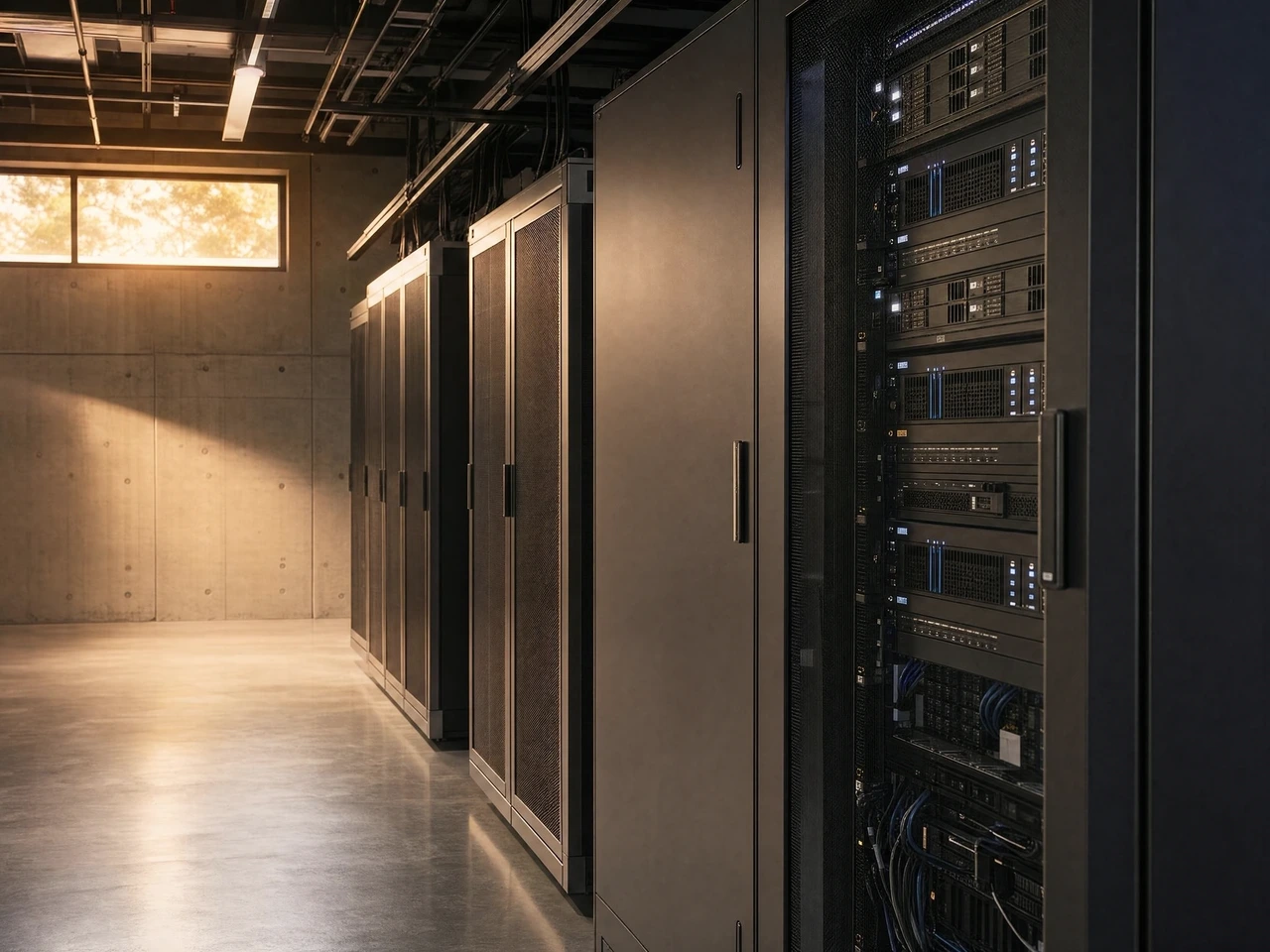 Illustrative server racks in a modern data center.