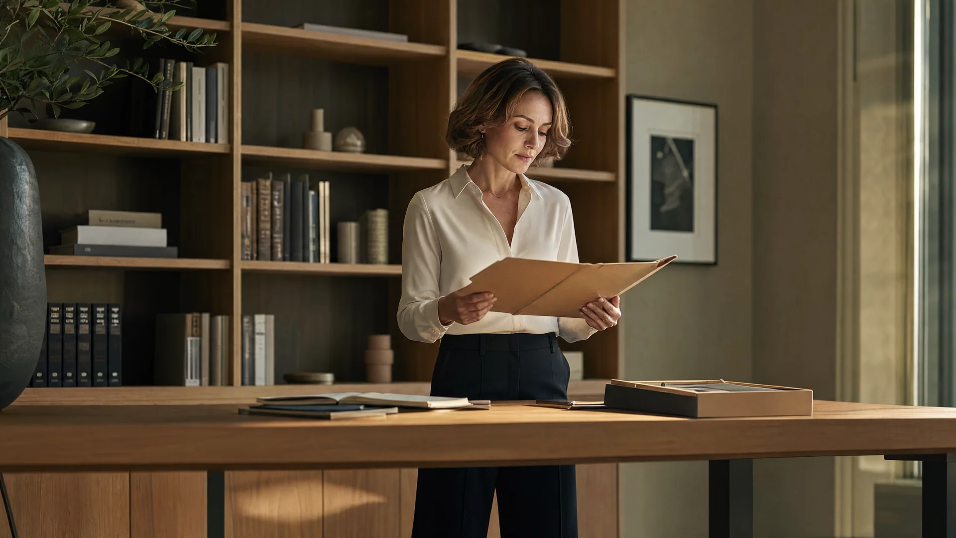 A professional returns to a project folder in an organized working library.