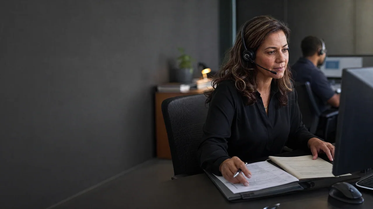 A customer-service specialist reviews an open case folder while a colleague works nearby.