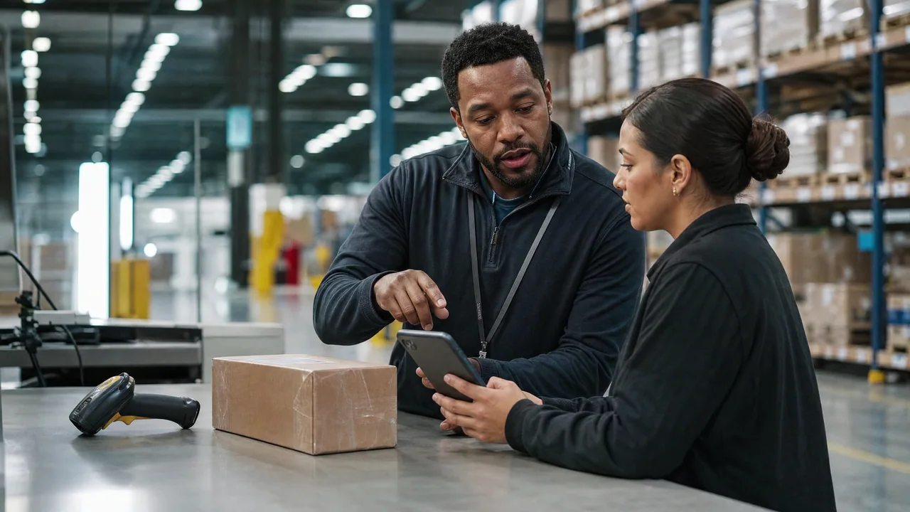 Two warehouse colleagues checking a delivery request beside a parcel